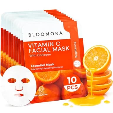 BLOOMORA 10 Pack Vitamin C + Collagen Face Mask Set, Vitamin C Face Sheet Mask for Radiant Skin Care, Hydrating Sheets for All Skin Types, Moisturizing Care for Glow & Firmness, Spa Gifts for Women