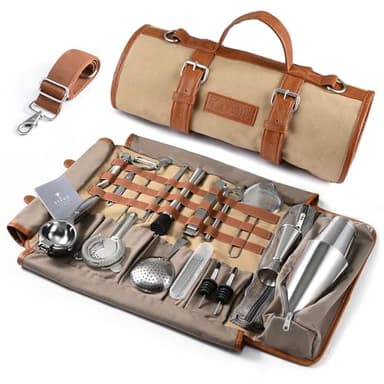 Etens Bartender Travel Kit with Waxed Bag | 22 Piece Bar Set in Roll | Portable Cocktail Tools for Home & Travelling Bartending – Professional Boston Shakers, Unbreakable Melon Squeezer, Accessories
