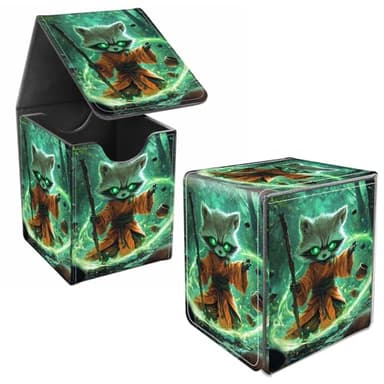 JANENFNA Card Deck Box, Card Storage Box Fits 100+ Single Sleeved Cards, Large Capacity PU Leather Card Storage Box with Strong Magnet for Magic Commander TCG/CCG, Raccoon Sorcerer
