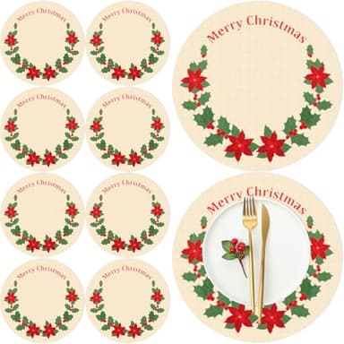 Remerry Poinsettia Round Christmas Placemats Set of 8,Flower Xmas Red Embroidered 13 in Woven Place Mats Decorative Merry Christmas Dinner Table Mats Holiday Doilies for Kitchen Holiday Party Decor