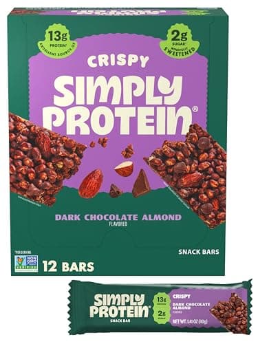 Simply Protein - Dark Chocolate Almond Crispy Bars - Plant Based Protein Bars - Low Carb, Low Sugar, High Fiber - 13g Protein, 2g Sugar, 7g Fiber - Vegan, Gluten Free, Non GMO, Kosher - 12 Bars