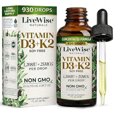 Live Wise Naturals Vitamin D3+K2 Liquid Drops - Organic MCT Oil Formula for Adults, Kids & Toddlers - Easy Absorption 1208 IU Vitamin D3 & 25 mcg K2 (mk7) for Immune Support & Bone Health - No flavour