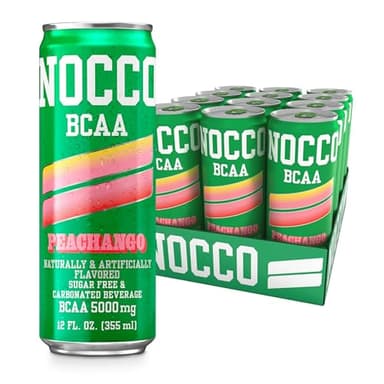 NOCCO BCAA Drink Peachango - 12 Fl Oz (Pack of 12) - 0mg of Caffeine, 5000mg of BCAAs – Sugar & Caffeine Free Low Calorie Carbonated Drink with Vitamin B6, B12, Biotin - Grab & Go Performance Drink