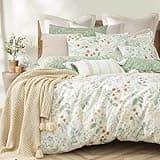 ALEISSEL Natural Cotton 3pcs Botanical Comforter Sets Queen Size-Green Comforter with Red & Blue Flowers,Gray Leaves on Off-White, Reversible Lightweight Bedding Sets(Full/Queen)