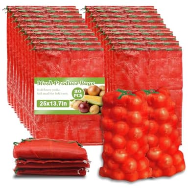 Shellvcase 20 Pack 25'' x 14'' Large Mesh Onion Bags, 30 lbs Onion Sack, Reusable Breathable Drawstring Fresh Mesh Produce Bags for Onion, Potato, Crawfish,Vegetables, Seafood, Firewood