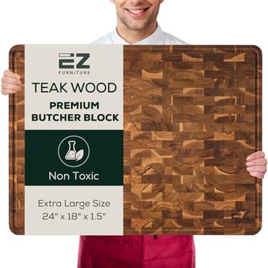 EZ FURNITURE Extra Large (XL) Teak End Grain Cutting Board, Reversible, Knife-Friendly Charcuterie Butcher Block with Juice Groove & Handles, Non-Toxic, Gift Box Included (24" x 18" x 1.5")