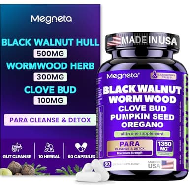 MEGNETA Wormwood Black Walnut Clove Cleanse for Humans, Intestinal Cleanse & Gut Detox with Pumpkin Seed & Oregano, Vegan Digestive Support for Adults, 60 Capsules