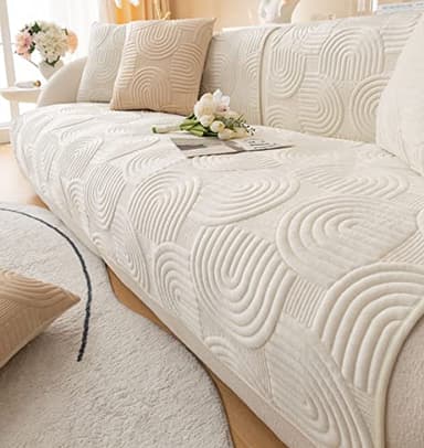 XSlive Soft Plush Geometric Quilted Couch Sofa Cover Boho Non Slip Fuzzy Sectional Couch Cover Solid Color Washable Sofa Slipcover Furniture Protector for Kids Dogs Cats (Ivory,28"x28")