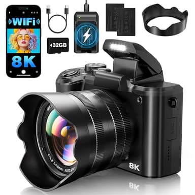 XNSIAKXA 8K Digital Cameras for Photography Autofocus 88MP WiFi Professional 16X Digital Zoom Photography Camera with Dual-Lens for YouTube with Lens Hood, Touch Screen, 2 Batteries & Charging Stand