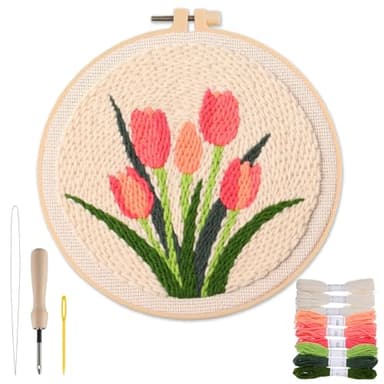 Punch Needle Kit Adults Beginner- Step-by-Step Guide & Video, Including Punch Needle Fabric with Pattern/Hoop/Needle/Yarns, Spring Embroidery Craft Kits, Easy Hobby Gifts for Women, Tulip