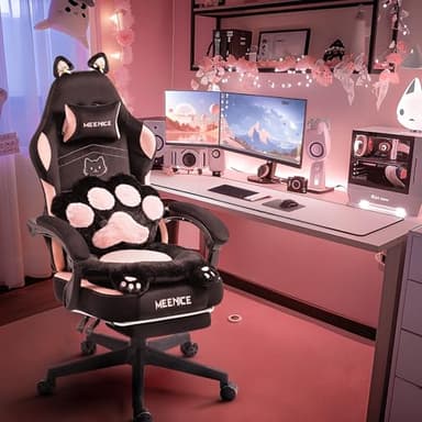 MEENICE Pink Gaming Chair Cute with Cat Ears Paw Lumbar and Cushion,Ergonomic Computer Chair with Footrest,Reclining PC Game Chair for Girl Computer Chair 300lbs for Adult