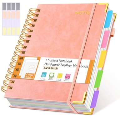 Hardcover Spiral Notebook with Removable Dividers Tabs, 300 pages Leather 5 Subject Notebook College Ruled, 6.2" x 8.2" Journal for Women Men, Small Notebooks for Work School Note taking,A5 Pink