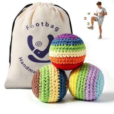 KHXAIMJ 3 Pack Handmade Crochet Footbag, Soft Woven Cotton Kick Hacky Balls, Multicolor Knitted Juggling Balls for Beginners Adults, Portable Stress Relief Fidget Toy for Outdoor Games & Party Favors