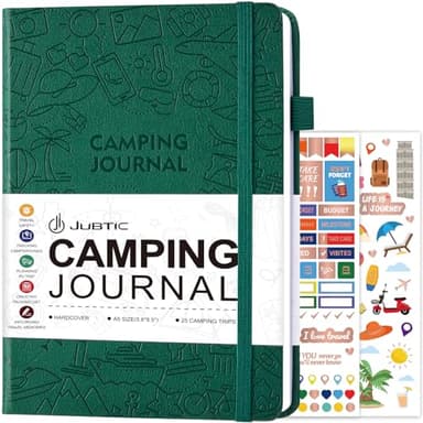 JUBTIC Camping Journal and RV Travel Log Book, A5 Adventure Journal for 25 Camping, Hiking Journal, Family Travel Books Camper Essentials Camping Gifts for Women-Dark Green