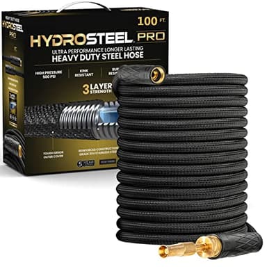 HYDROSTEEL PRO 100 Ft Metal Garden Hose with Nozzle, Indestructible 3-Layer Stainless Steel Heavy Duty Water Hose 100 Ft x 5/8 in. Kink Free Design Will Not Kink, Flexible, NON Expandable, 500 PSI