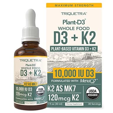 Organic Plant D3 K2 vitamin 10000 iu - All-Trans MK7 from MenaQ7 (120 mcg K2) - 100% Organic & Plant-Based Sublingual D3 Drops 10,000 iu (Cholecalciferol), 100% Vegan - Supports Immunity, Bone, Brain