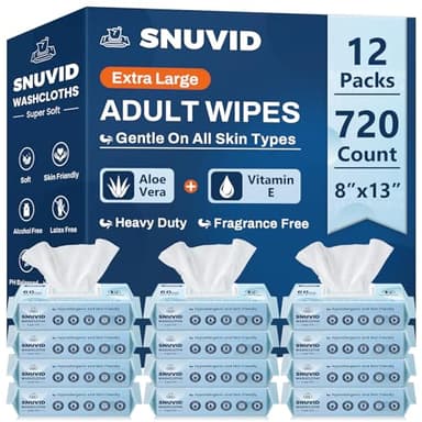 Adult Wipes for Elderly - 720 Count Extra Large 8"x13" Disposable Washcloths Rinse Free Bathing Wipes for Incontinence & Bedridden Care - Thick, Soft & Unscented with Aloe & Vitamin E (12 Packs of 60)