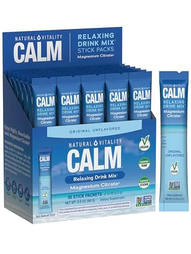 Natural Vitality Calm Magnesium Stick Packets | Relaxing Drink Mix Powder | On-The-Go Pouches | Gluten & Sugar-Free | 255mg Per Serving | 30 Count
