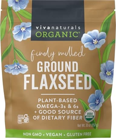 Viva Naturals Organic Ground Flaxseed, 30 oz (850 g) – Plant-Based Protein, Vegan Omega-3 & Fiber, Finely Milled Flax Seeds, Perfect for Smoothies & Baking