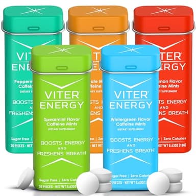 Viter Energy 40mg Caffeine Mints - Sugar Free, B Vitamins, Vegan, Boosts Fast Energized Alert Focus, Caffeinated Nootropic Supplement Pills (Variety Flavors, 20pcs, 5 Pack, 100pcs Total)
