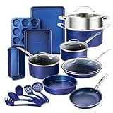 GRANITESTONE Blue 20 Pc Pots and Pans Set Non Stick Cookware Set, Kitchen Cookware Sets with Utensils and Bakeware, Non Toxic Cookware Set PFOA PFOS Free, Oven & Dishwasher Safe