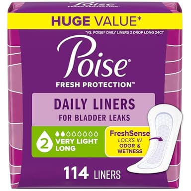 Poise Daily Liners, Incontinence Panty Liners for Bladder Leaks, 2 Drop Very Light Absorbency, Long Length, 114 Count of Pantiliners, Packaging May Vary