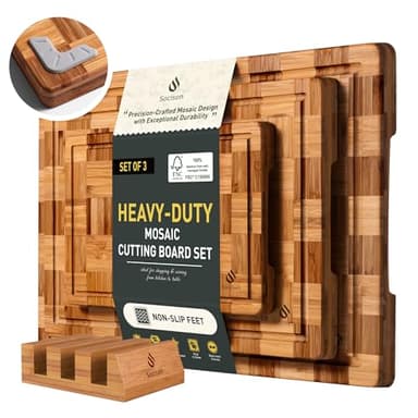 3 Pack Heavy Duty Bamboo Cutting Board Set Non Toxic Wooden Cutting Board for Kitchen Non Slip Solid End Grain Thick Wood Juice Groove Chopping Board Extra Large Butcher Block Best House Warming Gift
