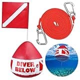Maitys Heavy Duty PVC Dive Flag Float Freediving Rope Set Inflatable Signal Floater with Dive Flag Freediving Lanyard Leash for Snorkeling Water Sport Signaling Swimming Boating Fishing (2 Pcs)