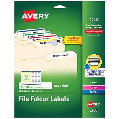 Avery TrueBlock File Folder Labels, 2/3" x 3-7/16", 750 Printable Labels, Assorted Colors, Permanent (5266)