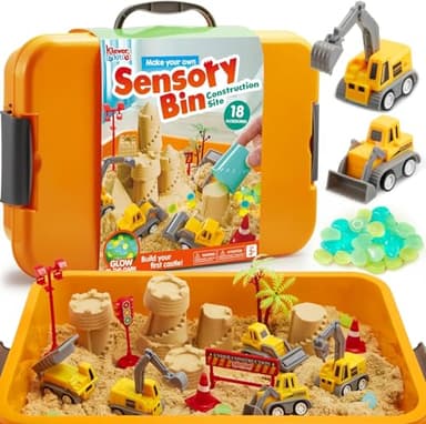 JOVA Klever Kits Construction Sensory Bin for Toddlers with Glow in The Dark Stones, Sandbox with Lid Castle Building kit, Preschool Learning Activities Gifts for Boys Girls Age 3+