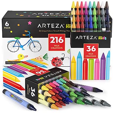 Arteza Kids Toddler Crayons, Bulk 216 Count, 6 Packs of 36 Vivid Wax Colors, Regular Size
