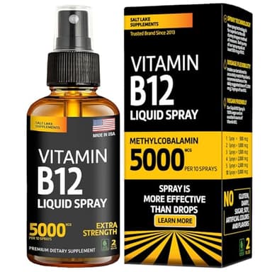 Vitamin B12 Sublingual Spray 5000 mcg – Vegan Methylcobalamin Liquid B12 Boost Energy, Mood & Brain Health - Gluten-Free, Non-GMO B12 Spray for Men & Women - Easy Dosage (5000 mcg in 10 Sprays)