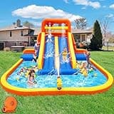 Hongcoral Inflatable Water Slide, Mega Bounce House Water Park with Long Dual Slide, 2 Climbing Walls, 2 Basketball Hoops, Large Splash Pool, 15.6 x 15 x 8.7FT Blow up WaterSlides with Blower