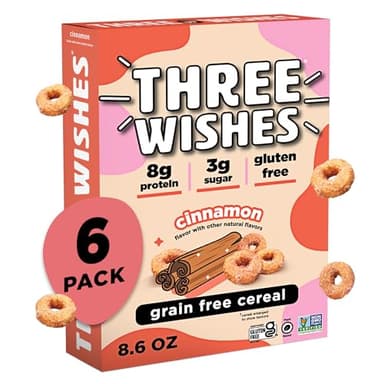 Three Wishes Grain-Free & Protein Cereal - Healthy, Low Sugar & Gluten-Free Breakfast Cereal - Low Carb, Plant-Based, Vegan & Non-GMO - Cinnamon, 6-Pack