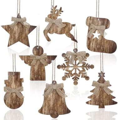 Lineshading 8 Pcs Rustic Christmas Tree Ornaments Wooden Farmhouse Ornaments Angle Snowflake Reindeer Tree Hanging Decor for Fireplace Xmas Home Office (Cute Style)