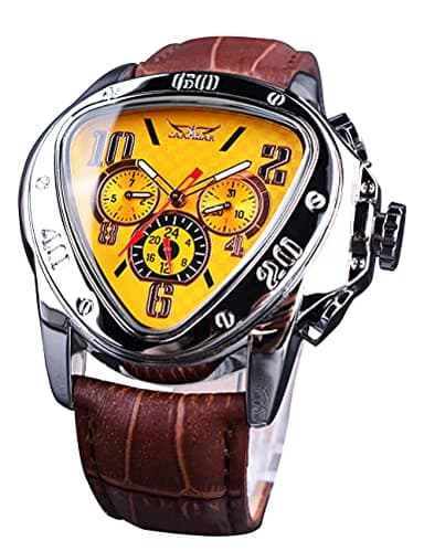 Jaragar Automatic Mechanical Wrist Watch Golden for Mens Watches with Leather Band Sport Mechanical Watches Triangle Bezel Design Fashion Yellow Dial