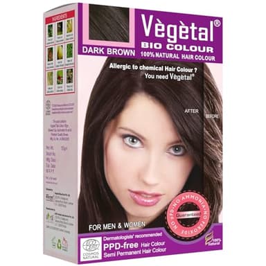 Vegetal Bio Colour Dark Brown 150g, 100% Herbal and Organic Hair Color, Ammonia-Free, PPD-Free, Semi-Permanent Dye for Men and Women, Protects UV and Maintains Luster, Complete Kit Included