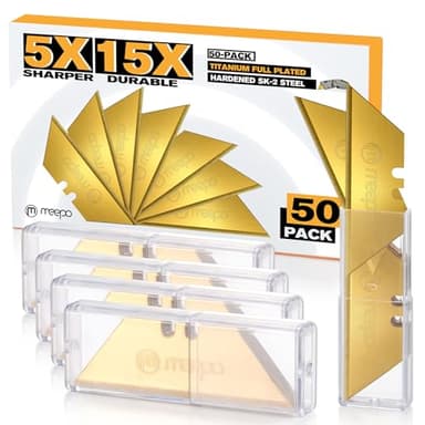 M MEEPO 50-Pack Utility Knife Blades, Titanium Fully Plated, Durable SK-2 Razor Blades for Utility Knife Box Cutter, Never Rust, Extra Durable