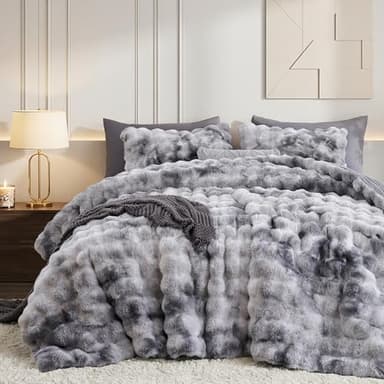 Smoofy Fluffy Comforter Set Queen - Ultra Faux Rabbit Fur Bubble Comforter, Tie-Dye Grey Luxury Plush Bedding Set, Cloud-Like Soft & Cozy for Winter Comforter with 2 Pillowcases, Room Decor Aesthetic