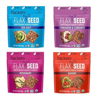Flackers Organic Variety Pack, Sea Salt, Rosemary, Savory and Cinnamon, Gluten Free, Non-GMO, Vegan, Low Carb snacking, Pack of 4
