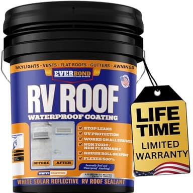 Everbond Liquid Rubber RV Roof Coating - Roof Sealant for Camper Roofs, Trailers, Motorhomes, and Metal Buildings - Roof Cooling White 4.75 Gallon - Made in USA