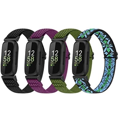 Vodtian 4 Pack Bands Compatible with Fitbit Inspire 3/Inspire 2/Inspire/Inspire HR/Ace 3/Ace 2 Band, Elastic Adjustable Nylon Loop Straps Replacement Sport Stretchy Wristband for Women Men
