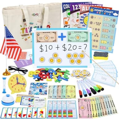 Gifts2U Pretend Teacher Playset for Kids, Play School Toys for Girls Boys with Teacher Bag, Whiteboard, Play Money, Learning Clock, Educational Posters and Play Teaching Supplies