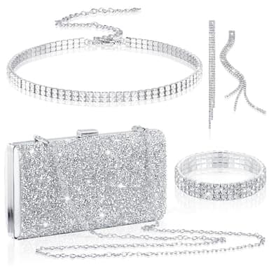 Kigeli 4 Pieces Women Rhinestone Evening Clutch Bag Bling Earring Necklace Bracelet for Wedding Graduation Prom(Silver)