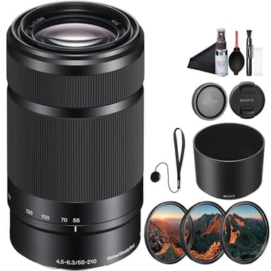 Sony E 55-210 mm F4.5–6.3 OSS Telephoto Zoom Lens (SEL-55210) – Lightweight APS-C w/Optical Stabilization + 3 Piece Filter Kit + Lens Cap Keeper + Cleaning Kit