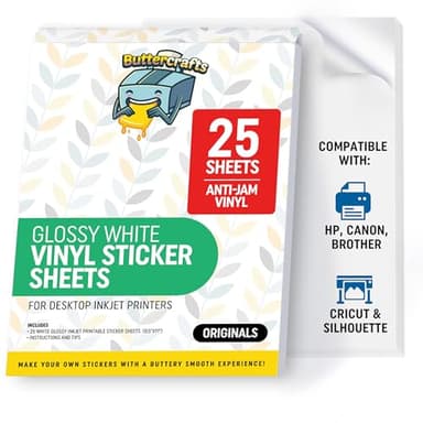 Glossy Printable Vinyl Sticker Paper Waterproof 25 Sheets 8.5"x11", Inkjet Printer (HP, Canon, Brother Printers Compatible) - Weatherproof White Sticker Sheets - Strong Adhesive