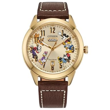 Citizen Men's Eco-Drive Disney Mickey Mouse & Friends, Gold Tone Stainless Steel Watch, Brown Leather Strap, 3 Hand, (Model: AW0093-04W)