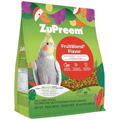 ZuPreem FruitBlend Bird Food, Bird Feed Pellets for Cockatiels, Lovebirds, Quakers, Small Conures & Lorikeets, Core Nutrition with Natural Fruit, Cockatiel Food, Conure Feed, (Medium, 2 lb Bag)