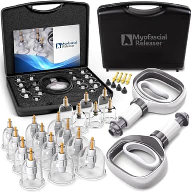 Myofascial Releaser Professional Cupping Therapy Set - 18 Multi-Sized Vacuum Cups with Two Hand Pumps and Detailed Cupping Book - Massage Cupping Set for Massage Therapists