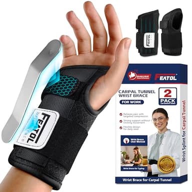 FEATOL 2 Pack Carpal Tunnel Wrist Brace For Work With Wrist Splint, 6.5'' Wrist Brace Night Support For Women Men, Pain Relief For Tendonitis, Arthritis, Pregnancy, Typing, Right and Left Hand, Medium